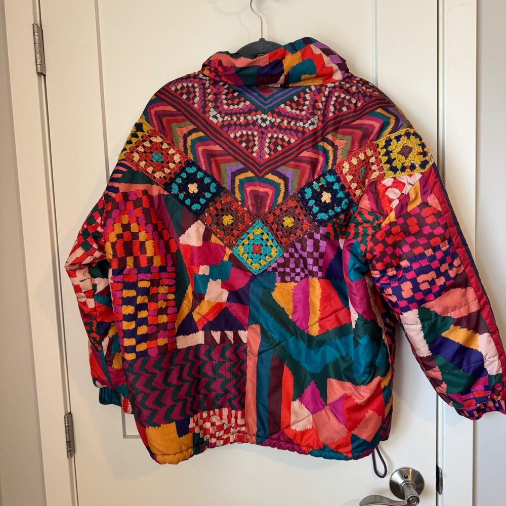 Farm Rio Reversible‎ Mixed Prints Puffer Jacket Crochet Patchwork Leopard Small - Picture 2 of 11